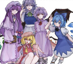  5girls abbgd22 apron ascot bat_wings blonde_hair blue_bow blue_dress blue_eyes blue_hair book bow braid cirno commentary_request crystal_wings detached_wings dress embodiment_of_scarlet_devil flandre_scarlet green_bow hair_bow hat hat_ribbon highres ice ice_wings izayoi_sakuya long_hair maid maid_apron maid_headdress mob_cap multicolored_wings multiple_girls on_floor one_side_up patchouli_knowledge pinafore_dress pink_hat puffy_short_sleeves puffy_sleeves purple_dress red_ascot red_eyes red_skirt red_vest remilia_scarlet ribbon short_hair short_sleeves side_ponytail skirt sleeveless sleeveless_dress touhou twin_braids v vest violet_eyes waist_apron white_hat wings wrist_cuffs yellow_ascot 