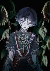  1boy absurdres armor arms_at_sides black_background black_bodysuit black_hair black_shorts black_sleeves blood blood_on_armor blood_on_clothes blood_on_face blunt_ends bodysuit commentary_request covered_collarbone eyeliner flower genshin_impact gold gold_trim grey_eyes hair_intakes head_tilt highres japanese_armor japanese_clothes jewelry juban kimono kote kurage_67 kurokote layered_sleeves leaf looking_at_viewer makeup male_focus mandarin_collar mitsudomoe_(shape) neck_ring o-ring open_clothes open_kimono open_mouth outdoors plant purple_rope purple_sash purple_sleeves red_eyeliner red_kimono red_sash ringed_eyes rope sash scaramouche_(genshin_impact) shimenawa short_sleeves shorts single_sode solo sunflower tassel tomoe_(symbol) tsurime white_kimono white_rope wilted_flower wispy_bangs 