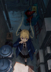  1girl alley black_necktie black_skirt blonde_hair blue_eyes blue_jacket box commentary from_above highres holding holding_knife jacket kashigi_oekaki kill_me_baby knife ladder necktie reverse_grip skirt solo sonya_(kill_me_baby) traffic_cone trash_bag trash_can twintails utility_pole walking 