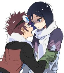  2boys absurdres black_hair brown_hair constricted_pupils digimon digimon_adventure_02 distress fur-trimmed_jacket fur_trim gloves goggles goggles_on_head grabbing_another's_arm green_gloves highres ichijouji_ken jacket looking_at_another male_focus motomiya_daisuke multiple_boys open_mouth scarf simple_background spiky_hair sweatdrop ueuemmon white_background 