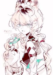  1girl absurdres ahoge animal_ear_fluff animal_ears aphrissa_(arknights) arknights bare_shoulders blue_eyes braid cat_ears cat_girl character_name chinese_commentary commentary_request fingerless_gloves gloves hair_between_eyes hand_up highres long_hair long_sleeves looking_at_viewer onoskylar open_mouth partially_colored simple_background smile solo twin_braids upper_body white_background 