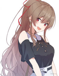  1girl bare_shoulders belt black_belt black_shirt breasts brown_hair choker clothing_cutout commentary commentary_request contrast_collar earrings furen_e_lustario furen_e_lustario_(2nd_costume) highres jewelry large_breasts long_hair long_sidelocks looking_at_viewer necklace nijisanji open_mouth ponytail red_eyes shirt shirt_tucked_in short_sleeves shoulder_cutout sidelocks skirt smile solo talunilu_uu3 twitter_username upper_body virtual_youtuber white_background white_skirt 