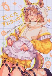  1girl agoumauma2 animal_ears apron blush brown_hair carrot commentary_request dicta_striker_(umamusume) ears_through_headwear ears_through_hood frilled_apron frills hair_between_eyes heart highres hood hood_up hooded_jacket hoodie horse_ears horse_girl horse_tail horseshoe jacket jersey_maid long_sleeves loose_socks maid maid_apron multicolored_hair o-ring o-ring_thigh_strap open_mouth shirt shoes short_hair smile socks streaked_hair sweatdrop tail teeth thigh_strap track_jacket umamusume umamusume:_cinderella_gray unconventional_maid white_apron white_hair white_socks yellow_eyes yellow_hood yellow_hoodie yellow_jacket 
