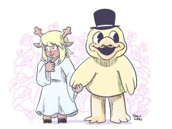  annoyed antlers blonde_hair blush deer_girl deltarune duck_costume full_body hand_on_own_chest hat highres holding_hands hooves horns jakeiartwork kigurumi long_hair noelle_holiday noelle_holiday_(dark_world) nose_blush robe standing susie_(deltarune) top_hat utdr_(toby_fox) white_background white_robe yuri 