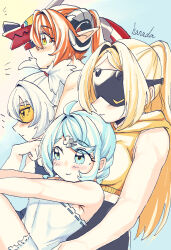  4girls ahoge alternate_costume bare_shoulders black_horns blindfold_mask blonde_hair blue_eyes blue_hair blush closed_mouth covered_eyes dragon_girl dragon_horns flower_hairpin from_side goggles green_eyes hair_between_eyes hair_ornament hairclip hanada_(cobalt003) highres horns leaning_on_person long_hair magus_(zenless_zone_zero) mask mechanical_horns mechanical_tail multiple_girls open_mouth orange_hair orange_pupils orphie_magnusson pointy_ears ponytail seed_(zenless_zone_zero) sleeveless smile soldier_11_(zenless_zone_zero) tail tinted_eyewear trigger_(zenless_zone_zero) twintails white_hair zenless_zone_zero 