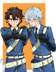  2boys aiming aiming_at_viewer alternate_costume artist_name belt belt_buckle black_gloves black_hair black_necktie blue_eyes blue_jacket border brown_hair buckle buttons closed_mouth collared_shirt commentary_request cowboy_shot ear_piercing elbow_gloves fate/grand_order fate_(series) frown fujimaru_ritsuka_(male) gloves green_rar grey_hair gun hair_between_eyes hand_on_another's_shoulder handgun highres holding holding_gun holding_walkie-talkie holding_weapon holster jacket kadoc_zemlupus looking_at_viewer male_focus multiple_boys necktie orange_background piercing police police_uniform shirt short_hair simple_background snowfield_police_uniform twitter_username walkie-talkie weapon white_belt white_border white_shirt yellow_eyes 