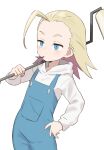  1girl absurdres ahoge blonde_hair blue_eyes blue_overalls blush do_it_yourself!! gazacy_(dai) hand_on_own_hip highres holding holding_paintbrush hood hood_down hoodie juliet_queen_elizabeth_viii long_hair long_sleeves mouth_hold multicolored_hair overalls paintbrush pink_hair simple_background solo white_background white_hoodie 