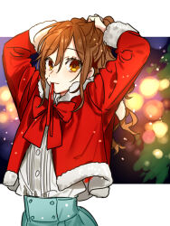  1girl arms_up bow brown_hair christmas hagiwara_daisuke hori-san_to_miyamura-kun hori_kyouko long_hair long_sleeves looking_at_viewer mouth_hold orange_eyes red_bow red_ribbon ribbon smile snow solo tying_hair upper_body 