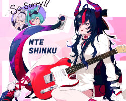  3girls ahoge blue_hair body_markings bow character_name choker clenched_teeth closed_eyes collared_shirt commentary dragon_girl dragon_horns dragon_tail electric_guitar english_text female_esper_zero_(nte) flying_sweatdrops fur_trim grey_hair guitar hair_bow hair_ornament hairband hairclip heads_together horns huge_ahoge instrument leaning_back leaning_to_the_side long_sleeves looking_to_the_side looking_up mint_(nte) multicolored_hair multicolored_horns multiple_girls neverness_to_everness open_mouth osaru_kagoya_p own_hands_together pink_background red_eyes shinku_(nte) shirt short_shorts shorts sitting solo_focus streaked_hair tail tearing_up teeth two-tone_hair two-tone_horns white_shirt 