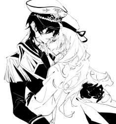  1boy 1girl ayn_alwyn ayn_alwyn_(infinite_empire) beret cardigan chinese_commentary closed_eyes closed_mouth collared_coat commentary_request couple epaulettes fur-trimmed_sleeves fur_trim greyscale hair_between_eyes hair_over_eyes hat heroine_(lovebrush_chronicles) hetero highres hug lishi817 long_hair long_sleeves lovebrush_chronicles military_hat military_uniform monochrome necktie parted_lips peaked_cap short_hair simple_background skirt sleeve_cuffs surprised upper_body white_background 