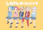  4girls absurdres ahoge alternate_costume animal_ears arm_at_side arm_up backpack bag blazer blonde_hair blue_bow blue_bowtie blue_card blue_eyes blue_hair blue_jacket blue_shirt blue_socks bow bowtie brown_footwear cardigan chamomile_(kazumasa) closed_mouth collared_shirt dark-skinned_female dark_skin dot_mouth dress_shirt drink elf empty_eyes floating_hair forehead forehead_blush fox_ears fox_girl green_bow green_bowtie green_eyes grey_hair grey_skirt hair_bow hands_up highres holding holding_drink holding_instrument holding_strap hololive hoshimachi_suisei instrument jacket juice_box knee_up kyoufuu_all_back_(vocaloid) loafers long_sleeves medium_hair multicolored_hair multiple_girls music omaru_polka open_clothes open_jacket parted_lips pink_hair plaid plaid_skirt playing_instrument pointy_ears recorder red_cardigan red_eyes red_jacket red_track_suit sakura_miko school_uniform shiranui_flare shiranui_kensetsu shirogane_noel shirt shoes short_hair simple_background skirt sleeve_rolled_up sneakers socks standing standing_on_one_leg star_(symbol) star_in_eye streaked_hair symbol_in_eye track_suit translated violet_eyes virtual_youtuber vocaloid white_shirt white_socks yellow_background 