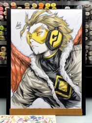  1boy art_tools_in_frame black_shirt blonde_hair boku_no_hero_academia commentary english_commentary facial_hair feathered_wings feathers fur-trimmed_jacket fur_trim hawks_(boku_no_hero_academia) headphones highres jacket male_focus marker_(medium) photo_(medium) red_feathers red_wings shirt solo stanley_lau stubble tinted_eyewear traditional_media upper_body wings yellow-tinted_eyewear yellow_eyes 