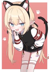 1girl absurdres animal_ear_fluff animal_ear_hairband animal_ears armband bandaid bandaid_on_leg bandaid_on_thigh black_nails blonde_hair blue_eyes blush border cat_ear_hairband cat_ears cat_tail commentary_request elf fake_animal_ears fake_tail fang hairband highres jacket korean_commentary long_hair long_sleeves looking_at_viewer multicolored_jacket oc_(atj7359) open_mouth original pointy_ears red_armband skin_fang solo tail thigh-highs twintails two-tone_jacket very_long_hair white_border white_thighhighs zing_(z_z_zing) 