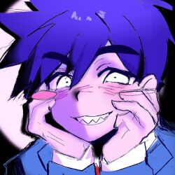  1boy blue_suit bossman_hero close-up double-parted_bangs hair_between_eyes hands_on_own_cheeks hands_on_own_face hero_(headspace)_(omori) hero_(omori) highres long_sleeves looking_at_viewer lyuz_(justtoseemeplea) male_focus omori purple_hair sharp_teeth short_hair solo suit teeth white_eyes 