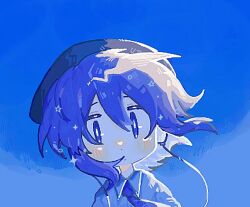  1girl beret blue_background blue_eyes blue_hair chicken_salad_(8ntasjmpkm90039) hat looking_at_viewer portrait short_hair solo utane_uta utau 
