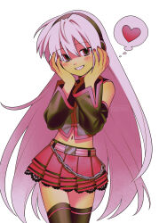  1girl absurdres belt black_sleeves black_thighhighs chain commentary_request grey_shirt hands_on_own_cheeks hands_on_own_face headphones heart highres long_hair looking_at_viewer menma_(enaic31) midriff navel pleated_skirt red_belt red_eyes red_skirt red_trim shaded_face shirt simple_background skirt smile solo speech_bubble spoken_heart sukone_tei teeth thigh-highs thought_bubble turtleneck utau very_long_hair white_background white_hair yandere_trance 