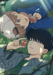  2boys backpack backwards_hat bag baseball_cap black_hair blurry blurry_foreground blush bright_pupils brown_hair charm_(object) commentary_request dappled_sunlight ganbare!_nakamura-kun!! grass hat highres hirose_aiki holding holding_charm long_sleeves looking_at_another lying male_focus multiple_boys nakamura_okuto on_back open_mouth parted_lips rinzawa shirt short_hair smile sunlight sweater upper_body watermark 