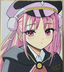  1girl black_capelet black_hat capelet close-up closed_mouth double_bun hair_bun hat heaven_burns_red highres kanikure12 kunimi_tama looking_at_viewer military_hat pink_eyes pink_hair traditional_media 