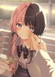  1girl 1other :t absurdres bench black_bow black_bowtie black_skirt blurry blurry_background blush bow bowtie brown_hair brown_scrunchie collared_shirt commentary_request crepe dress_shirt eating food food_on_face hair_ornament hair_scrunchie handkerchief highres holding holding_crepe holding_food holding_handkerchief long_hair looking_at_viewer multicolored_hair on_bench outdoors park_bench pink_hair pink_scrunchie plaid_clothes plaid_skirt pleated_skirt pov pov_hands sansan_(s4ng_3) school_uniform scrunchie shirt sitting skirt split-color_hair tachibana_hinano tachibana_hinano_(school_uniform) two-tone_hair violet_eyes virtual_youtuber vspo! white_shirt wiping_another's_face 