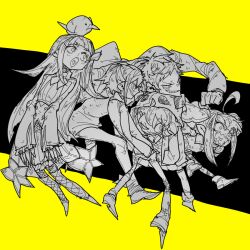  2boys 3girls ahoge animal_hood animal_on_head bird bird_on_head black_background commentary_request crazy_eyes deformed greyscale_with_colored_background grin hands_in_pockets heart heart_in_mouth hood hood_up huge_ahoge lize_helesta lize_helesta_(1st_costume) long_hair makaino_ririmu makaino_ririmu_(2nd_costume) multiple_boys multiple_girls nijisanji on_head oshaka_(haguki) panda_hood sasaki_saku sasaki_saku_(1st_costume) sebastian_piyodore sharp_teeth short_hair sidelocks simple_background sketch skirt sleeves_past_wrists smile teeth uzuki_kou uzuki_kou_(3rd_costume) virtual_youtuber yashiro_kizuku yashiro_kizuku_(1st_costume) yellow_background 