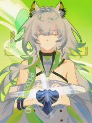  1girl animal_ear_fluff animal_ears arknights bare_shoulders bracelet cat_ears cat_girl chinese_commentary closed_eyes commentary_request dress facing_viewer gan'ansuan green_background grey_hair hands_up heart heart_hands highres hole_in_chest hole_on_body jewelry kal'tsit_(arknights) kal'tsit_esperanta_(arknights) long_hair long_sleeves no_mouth ribs solo upper_body white_dress 