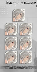  1girl :d a2_(nier:automata) azur_lane bare_shoulders black_tank_top blue_eyes closed_eyes commentary copyright_name crossover elbow_gloves expressionless from_side gloves grin hair_over_one_eye light_frown light_smile long_hair looking_at_viewer looking_down multiple_expressions nier:automata nier_(series) official_art outdoors promotional_art serious smile tank_top torn_clothes torn_tank_top very_long_hair white_hair worried 