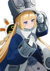  1girl adjusting_clothes adjusting_headwear bangboo_(zenless_zone_zero) blonde_hair braid commentary eins_(pj_eins) gloves grey_hat hat highres large_hat long_hair long_sleeves looking_at_viewer norma_hollowell simple_background smile thigh-highs violet_eyes white_background white_gloves white_thighhighs zenless_zone_zero 