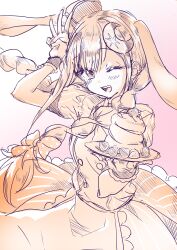  1girl absurdres animal_ears arm_up bow braid cho_kaguya-hime! commentary_request food hair_bow highres holding holding_plate kaguya_(cho_kaguya-hime!) kaguya_(tsukuyomi)_(cho_kaguya-hime!) long_hair looking_at_viewer pancake plate rabbit_ears rabbit_girl sketch solo souffle_pancake uhi_(96172181) w 