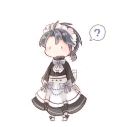  1boy ? aeon_(shining_nikki) apron ascot back_bow beads black_dress black_eyes black_ribbon blue_bow blue_bowtie blue_hair blush_stickers boots bow bow_apron bowtie chibi chinese_commentary collared_dress commentary_request crossdressing crossdressing_(mtf) dress enmaided expressionless footwear_ribbon high_collar interruption_(echo-023) long_dress long_sleeves looking_ahead maid maid_headdress male_focus messy_hair nikki_(series) no_mouth pleated_dress ponytail ribbon shining_nikki short_hair short_ponytail simple_background solid_oval_eyes solo speech_bubble spoken_question_mark standing striped_clothes striped_dress teresa_afternoon_tea_(shining_nikki) vertical-striped_clothes vertical-striped_dress waist_apron white_apron white_ascot white_background white_boots white_bow 