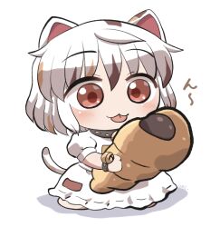  1girl :3 :p animal_ears blush calico_(pattern) cat_ears cat_girl cat_tail chibi chibi_only chocolate_cornet closed_mouth commentary_request dress food full_body goutokuji_mike holding holding_food multicolored_hair red_eyes rokugou_daisuke short_hair short_sleeves signature simple_background sitting solo streaked_hair tail tongue tongue_out touhou white_background white_dress white_hair 