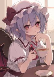  1girl ascot bat_wings blue_hair blush bow brooch closed_mouth collared_shirt commentary_request cup frilled_shirt_collar frills hair_between_eyes hat hat_bow highres holding holding_cup jewelry looking_at_viewer medium_hair mob_cap pink_hat pink_shirt pink_skirt pointy_ears red_ascot red_bow red_eyes red_nails remilia_scarlet saucer shirt skirt skirt_set smile solo teacup touhou watermark wings yuineko 