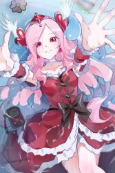  1girl absurdres afloat arms_up birthday bow brooch choker collarbone commentary_request cure_passion detached_sleeves dress earrings edamamepan0000 fresh_precure! frills hair_ornament happy_birthday heart heart_brooch heart_hair_ornament higashi_setsuna highres jewelry long_hair looking_at_viewer lying magical_girl missing_legwear on_back outstretched_arms outstretched_hand pink_hair precure red_eyes smile solo tiara waist_bow water wet white_choker wings wrist_cuffs 
