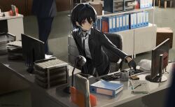  1girl 1other artist_name black_gloves black_hair black_jacket black_necktie black_suit blazer blue_hair business_suit coffee colored_inner_hair computer_keyboard cup desk dress_shirt folder gawako gloves green_eyes hair_intakes half_gloves hand_on_table highres indoors jacket looking_at_viewer monitor mug multicolored_eyes multicolored_hair necktie office open_collar original paper red_eyes shelf shirt short_hair solo solo_focus standing_up suit suit_pants two-tone_eyes two-tone_hair white_shirt 