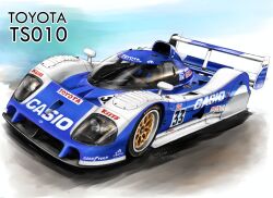  2026 absurdres adidas artip_wan artist_name blue_background blue_car car casio commentary dated highres motor_vehicle no_humans original product_placement race_vehicle racecar realistic side-view_mirror spoiler_(automobile) toyota toyota_ts010 two-tone_car wheel white_car 