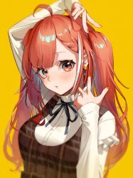  1girl ahoge animal_ears arm_above_head arm_up black_ribbon braid breasts brown_shirt colored_eyebrows commentary ear_piercing earrings ears_down english_commentary frilled_shirt_collar frills highres jewelry large_breasts long_hair long_sleeves looking_at_viewer multicolored_hair nail_polish neck_ribbon nijisanji orange_eyes orange_hair orange_nails parted_lips piercing plaid_clothes plaid_shirt ratna_petit ratna_petit_(4th_costume) ribbon shirt solo sooon streaked_hair two_side_up v virtual_youtuber w white_shirt white_streaks yellow_background 