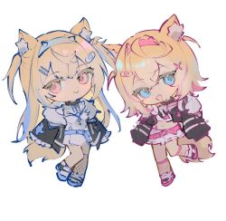  2girls :d animal_collar animal_ear_fluff animal_ears bandaid bandaid_hair_ornament belt bib_collar black_jacket blonde_hair blue_belt blue_eyes blue_hairband blue_shoes chain chibi chibi_only collar dog_ears dog_girl dog_tail dress fake_horns fishnet_socks fishnets frilled_sleeves frills full_body fur-trimmed_jacket fur_trim fuwawa_abyssgard fuwawa_abyssgard_(1st_costume) hair_ornament hairband headphones headphones_around_neck hololive hololive_english horned_headwear horns jacket kneehighs long_hair looking_at_viewer medium_hair mococo_abyssgard mococo_abyssgard_(1st_costume) multiple_girls open_mouth pink_belt pink_eyes pink_shoes rimu_(ringokurimu) shirt shoes short_shorts shorts siblings simple_background single_sock sisters sleeves_past_fingers sleeves_past_wrists smile sneakers socks tail twins white_background white_dress white_shirt white_shorts x_hair_ornament 