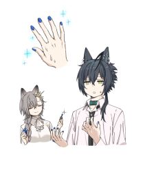  1boy 1girl animal_ears arknights ascot black_hair blue_nails braid closed_eyes closed_mouth collared_shirt commentary cosmetics fingernails green_eyes grey_hair hair_between_eyes hands_up highres infection_monitor_(arknights) long_hair mole mole_on_forehead nail_polish nail_polish_bottle open_collar parted_lips penance_(arknights) shirt short_hair_with_long_locks simple_background smile sparkle vigil_(arknights) white_ascot white_background white_shirt wqn0930 
