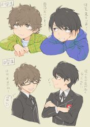 2boys :3 black-framed_eyewear black_hair black_jacket black_ribbon brown_eyes brown_hair child closed_eyes closed_mouth commentary_request cropped_torso crossed_arms dress_shirt glasses hiraga_keisuke hood hood_down hoodie isa_(peien516) jacket male_focus multiple_boys multiple_views neck_ribbon odagiri_hidetoshi open_mouth persona persona_3 purple_hoodie rectangular_eyewear ribbon semi-rimless_eyewear shirt smile speech_bubble t-shirt teeth thought_bubble translation_request under-rim_eyewear white_shirt 