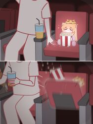  1boy 2girls absurdres animal_ear_fluff animal_ears blue_archive blunt_bangs blush chibi closed_eyes closed_mouth commentary cup disposable_cup drinking_straw english_commentary food halo heart highres horuhara indoors long_hair long_sleeves mari_(blue_archive) motion_blur motion_lines movie_theater multiple_girls no_nose orange_hair pajamas pants pink_pajamas pink_slippers polka_dot polka_dot_pajamas popcorn sensei_(blue_archive) shirt short_sleeves sitting slippers theater_seating very_long_hair yellow_halo 