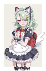  1girl animal_ear_hairband animal_ears bag bell black_dress black_garter_straps blush cat_ear_hairband cat_ears commentary_request cowboy_shot dress earrings english_commentary fake_animal_ears fang frilled_dress frills garter_straps ghost_hair_ornament green_eyes green_hair grey_background hair_ornament hairband hairclip hands_up heart heart_earrings heart_hair_ornament highres jewelry looking_at_viewer maid maid_headdress mixed-language_commentary multiple_hairclips neck_bell official_alternate_costume open_mouth red_bag skin_fang solo sunna_(afternoon_tea_break)_(zenless_zone_zero) sunna_(zenless_zone_zero) sweatdrop welchsbinn white_wings winged_bag wings zenless_zone_zero 