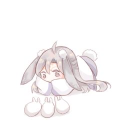  1boy ahoge animal animal_ears baishuo_(shining_nikki) chibi chinese_clothes circlet crescent grey_eyes grey_hair hair_between_eyes hair_ornament hair_spread_out hanfu interruption_(echo-023) long_hair long_sleeves looking_at_animal lop_rabbit_ears male_focus nikki_(series) pom_pom_(clothes) pom_pom_hair_ornament rabbit rabbit_boy rabbit_ears rabbit_tail shadow shining_nikki simple_background sleeves_past_fingers sleeves_past_wrists solo tail very_long_hair white_background white_hanfu wide_sleeves 