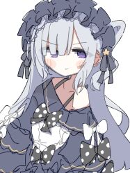  1girl absurdres bare_shoulders black_ribbon blue_dress blue_hairband blush_stickers bow dress dress_bow frilled_dress frilled_hairband frilled_sleeves frills gothic_lolita hair_over_one_eye hair_ribbon hairband highres lolita_fashion lolita_hairband long_hair long_sleeves mahou_shoujo_no_majo_saiban nabegoroshi natsume_an-an off-shoulder_dress off_shoulder polka_dot polka_dot_bow ribbon simple_background sleeve_bow sleeves_past_wrists solo upper_body violet_eyes white_background white_hair 