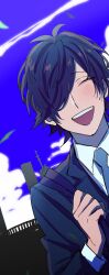  1boy :d aimono_jyushi antenna_hair bag black_hair blazer blue_necktie blue_sky blush closed_eyes clouds collared_shirt commentary_request contrail hair_over_one_eye hatching_(texture) highres holding holding_bag hypnosis_mic jacket linear_hatching long_sleeves male_focus necktie nishino_(fetv8484) official_alternate_hairstyle open_mouth outdoors raised_eyebrows school_uniform shirt shoulder_bag sky smile solo teeth upper_body upper_teeth_only white_shirt 