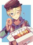  1boy ;t akai_higasa black_shirt blonde_hair blue_background blue_eyes blue_hoodie blush border box brown_headwear cabbie_hat chocolate_doughnut colored_eyelashes contemporary crumbs double-parted_bangs doughnut drawstring eating food french_cruller hair_between_eyes hat head_tilt highres holding holding_box holding_food hood hood_down hoodie jacket leonhard_von_granzreich long_sleeves looking_at_viewer male_focus notice_lines open_clothes open_jacket oushitsu_kyoushi_heine outside_border pastry_box pon_de_ring shirt short_hair sleeveless sleeveless_jacket smile solo star-shaped_pupils star_(symbol) symbol-shaped_pupils upper_body white_border white_jacket 