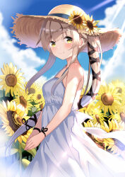  1girl absurdres alternate_costume blue_sky brown_hair brown_hat clouds commentary_request cowboy_shot day dress field flower flower_field hair_ribbon hat hat_flower highres himura_moritaka kantai_collection looking_at_viewer outdoors ponytail ribbon sky sleeveless sleeveless_dress smile solo spaghetti_strap stra_hat sun_hat sundress sunflower sunflower_field yellow_eyes yura_(kancolle) 