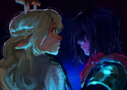 1girl 1other antlers blonde_hair blue_eyes blue_hair blue_theme commentary crying deer_girl deltarune english_commentary face-to-face hair_over_face highres horns jaggedspine kris_(dark_world)_(deltarune) kris_(deltarune) noelle_holiday noelle_holiday_(dark_world) parted_lips reindeer_antlers scarf streaming_tears tears utdr_(toby_fox) wide-eyed 