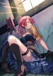  2girls artist_name boots bullet_trail coat commission eiyuu_densetsu english_text gloves gun handgun holding holding_gun holding_weapon multiple_girls online_neet pink_hair ponytail sara_valestein sen_no_kiseki skeb_commission solo taking_cover weapon window 