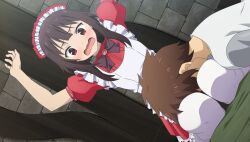  1boy 1girl apron arms_up blush bow bowtie brooch brown_bow brown_bowtie brown_hair dutch_angle enmaided frilled_apron frilled_skirt frills game_asset gem grey_sleeves high_collar highres indoors jewelry kono_subarashii_sekai_ni_shukufuku_wo! kono_subarashii_sekai_ni_shukufuku_wo!_kono_yokubukai_game_ni_shinpan_o! lap_pillow looking_at_another looking_down maid maid_apron maid_headdress megumin non-web_source official_art on_bed open_mouth pink_gem puffy_short_sleeves puffy_sleeves red_eyes red_shirt red_skirt ribbon-trimmed_sleeves ribbon_trim satou_kazuma seiza self-datamine shirt short_hair short_hair_with_long_locks short_sleeves sitting skirt stone_wall wavy_mouth white_apron white_shirt 
