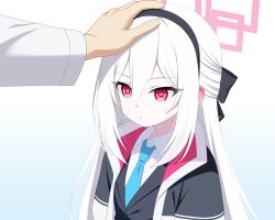  1boy 1girl black_hairband black_jacket blue_archive blue_background blue_necktie closed_mouth collared_shirt commentary_request gaou_(babel) gradient_background hairband halo headpat jacket kei_(blue_archive) kei_(student)_(blue_archive) long_hair long_sleeves necktie open_clothes open_jacket puffy_long_sleeves puffy_sleeves ringed_eyes sensei_(blue_archive) shirt solo_focus upper_body violet_eyes white_background white_hair white_jacket white_shirt 