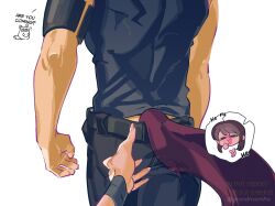  1boy 1girl belt black_pants chibi chibi_inset commentary english_commentary english_text female_pov fingernails fox_tail from_behind gmamka highres long_fingernails love_and_deepspace out_of_frame pants pov protagonist_(love_and_deepspace) reaching shirt tail valko_(love_and_deepspace) walking watermark white_background 